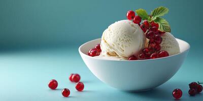 Delicious vanilla ice cream served in a bowl with fresh red currants and mint leaves on a vibrant blue background photo