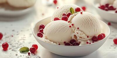 Creamy vanilla ice cream served with fresh red currants and mint leaves on a white table photo