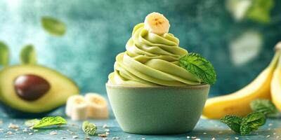 Delicious avocado and banana soft serve dessert topped with mint leaves on a colorful background photo