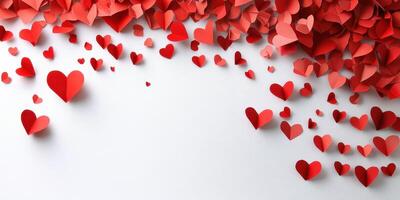 Decorative red hearts scattered on a light backdrop for festive occasions or romantic celebrations photo