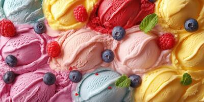 Colorful ice cream with fresh berries and mint leaves in a delightful arrangement at a summer gathering photo