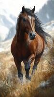 Majestic brown horse gallops through golden grass in a mountain landscape under a bright sky photo