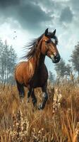 Brown horse running through tall grass in a quiet field surrounded by trees under a cloudy sky photo