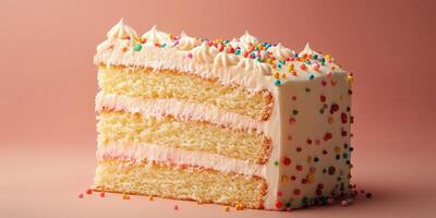 Delicious three-layer vanilla cake with frosting and colorful sprinkles on a soft pink background photo
