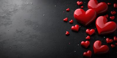 Red hearts scattered on a dark surface create a romantic and festive atmosphere for celebrations and special occasions photo