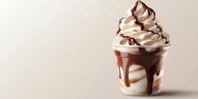 Creamy dessert filled with swirls of chocolate and vanilla served in a clear cup at a cafe photo