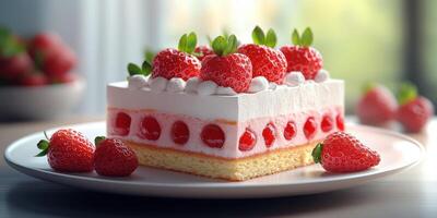 Delicious strawberry dessert served on a plate with fresh strawberries and playful colors in soft natural light photo