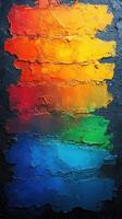 Colorful textured paint swatches displayed on a dark background showcasing a gradient from warm to cool tones photo
