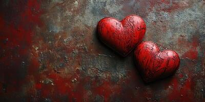 Two textured red hearts resting on a distressed surface with shades of brown and dark red during a romantic occasion photo