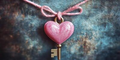 Heart-shaped pendant with a key on textured background capturing romantic symbolism and nostalgic charm photo