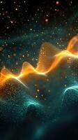 Abstract wave of glowing particles creating a vibrant, dynamic display of colors in a dark background photo