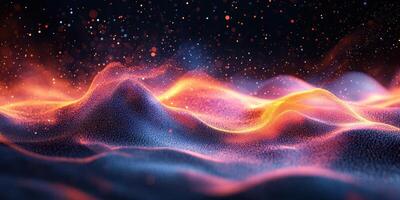 Colorful shimmering particles create an abstract landscape resembling waves in a dark setting photo