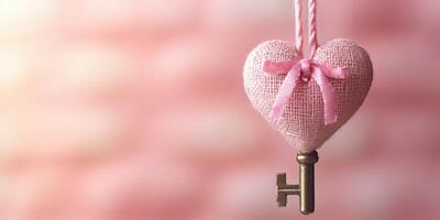 Decorative heart-shaped key with pink fabric texture hanging against a soft blurred background photo