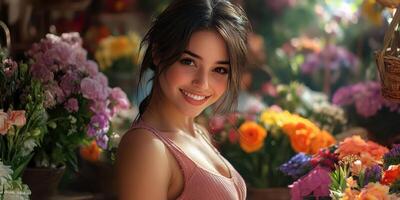 Smiling woman surrounded by vibrant flowers at a market during a sunny day in spring photo