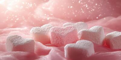 Heart-shaped marshmallows scattered on soft pink fabric create a whimsical and romantic atmosphere photo