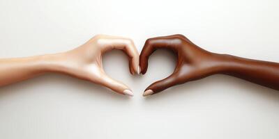 Hands of different skin tones forming a heart shape symbolize unity and love in diverse communities photo