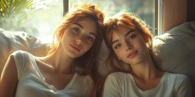 Two young women enjoying a quiet moment together in soft morning light by the window photo