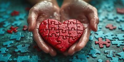 Hands holding a red heart puzzle piece surrounded by scattered blue puzzle pieces on a wet surface photo