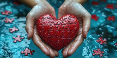 Red heart puzzle held in hands above water with scattered pieces around photo