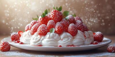 Delicious strawberry pavlova dessert garnished with fresh berries on a wooden table photo