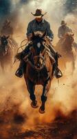 Cowboys riding horses through dusty terrain during sunset showcasing their skills and connection with nature photo