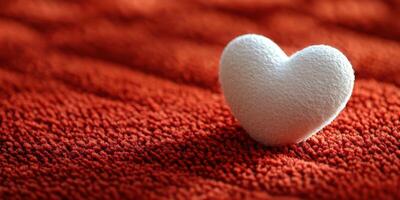 Soft white heart decoration on textured red fabric background creates a warm and inviting atmosphere in a cozy setting photo