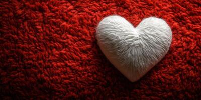 White fluffy heart resting on vibrant red textured surface creates a warm and inviting atmosphere for romantic moments photo
