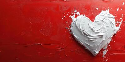 Heart shape created with white cream on a vibrant red background during an art activity photo