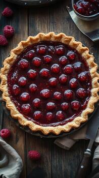 Delicious raspberry pie with glossy glaze on a rustic wooden table photo