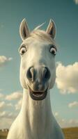 White horse with a playful expression in a sunny field under a blue sky photo