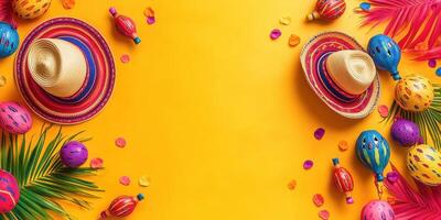 Brightly colored sombreros and festive decorations on a sunny yellow background for a celebration event photo