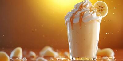 Delicious banana milkshake topped with whipped cream, drizzled caramel, and banana slices in golden light photo