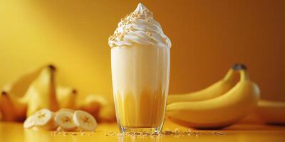 Delicious creamy banana shake served with whipped cream against a bright yellow background photo