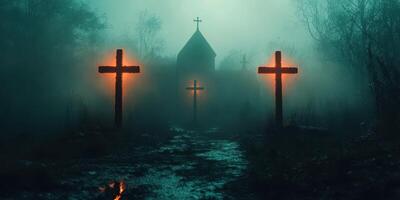 Eerie chapel shrouded in fog with illuminated crosses at dusk in a haunting landscape photo