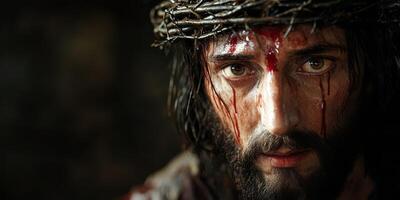 Strong expression of suffering and devotion in a dramatic religious depiction photo