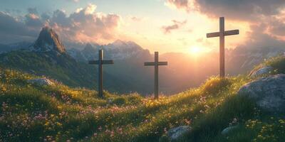 Three wooden crosses stand in a serene valley during sunrise surrounded by blooming wildflowers and mountains in the background photo