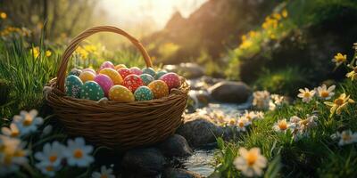 Colorful Easter eggs in a woven basket beside a flowing stream surrounded by blooming flowers photo