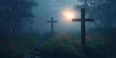 Quiet cemetery at dusk with mist and flowers enhancing a serene atmosphere photo