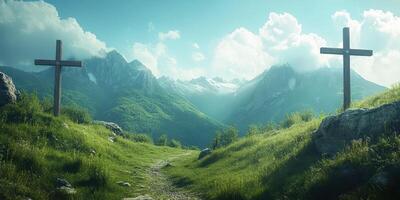 Scenic mountain landscape with wooden crosses and lush greenery under a bright sky photo