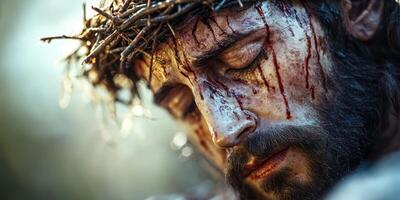Symbolic representation of suffering and sacrifice during a religious event in a natural setting photo