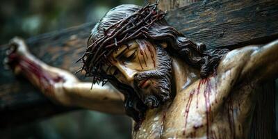 Depiction of a crucified figure with crown of thorns, conveying deep emotion and sacrifice in an artistic representation photo