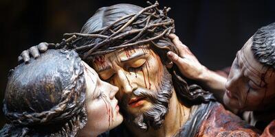 Emotional depiction of Jesus surrounded by mourning figures in a dramatic artistic setting photo