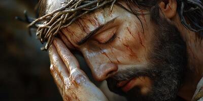 Man with thorn crown showing deep emotion in a moment of reflection during a solemn religious event photo