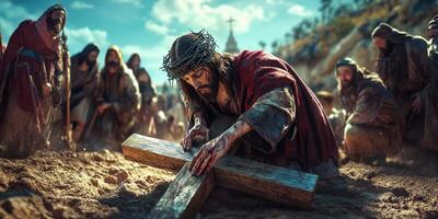 Jesus carries the cross while surrounded by a crowd during a solemn moment of reflection photo