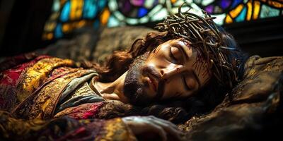 Representation of a historical religious figure with a crown of thorns in a serene setting illuminated by stained glass photo