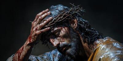 Representation of a suffering figure with a crown of thorns, evoking themes of sacrifice and pain in a dramatic setting photo