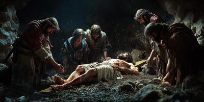 Mourning disciples gather around the body of Jesus in a dimly lit cave after the crucifixion during a poignant moment of sorrow photo