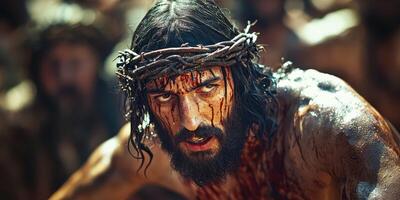 Intense portrayal of a suffering figure with a crown of thorns during a biblical scene set in ancient times photo