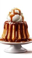 Indulgent dessert with caramel sauce and whipped cream on a white pedestal plate photo