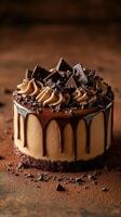 Chocolate cake topped with creamy frosting and chocolate shavings on a rustic background photo
